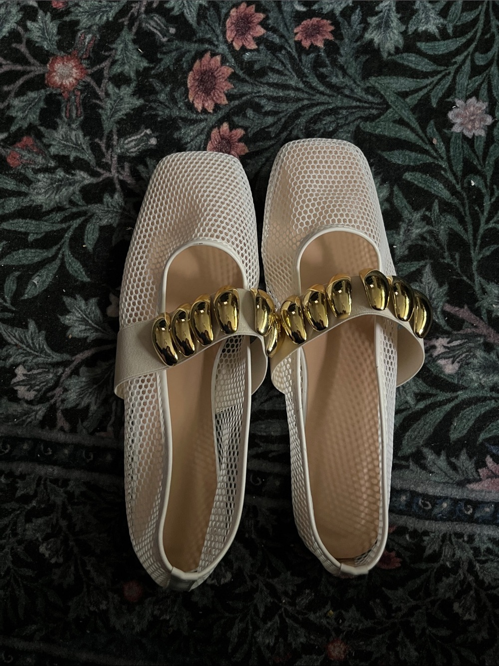 White Mesh Slip-On Flats with Gold Chain Accent